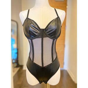 Sheer Mesh Faux Leather Bodysuit Corset Style Backless‎ Black Womens S